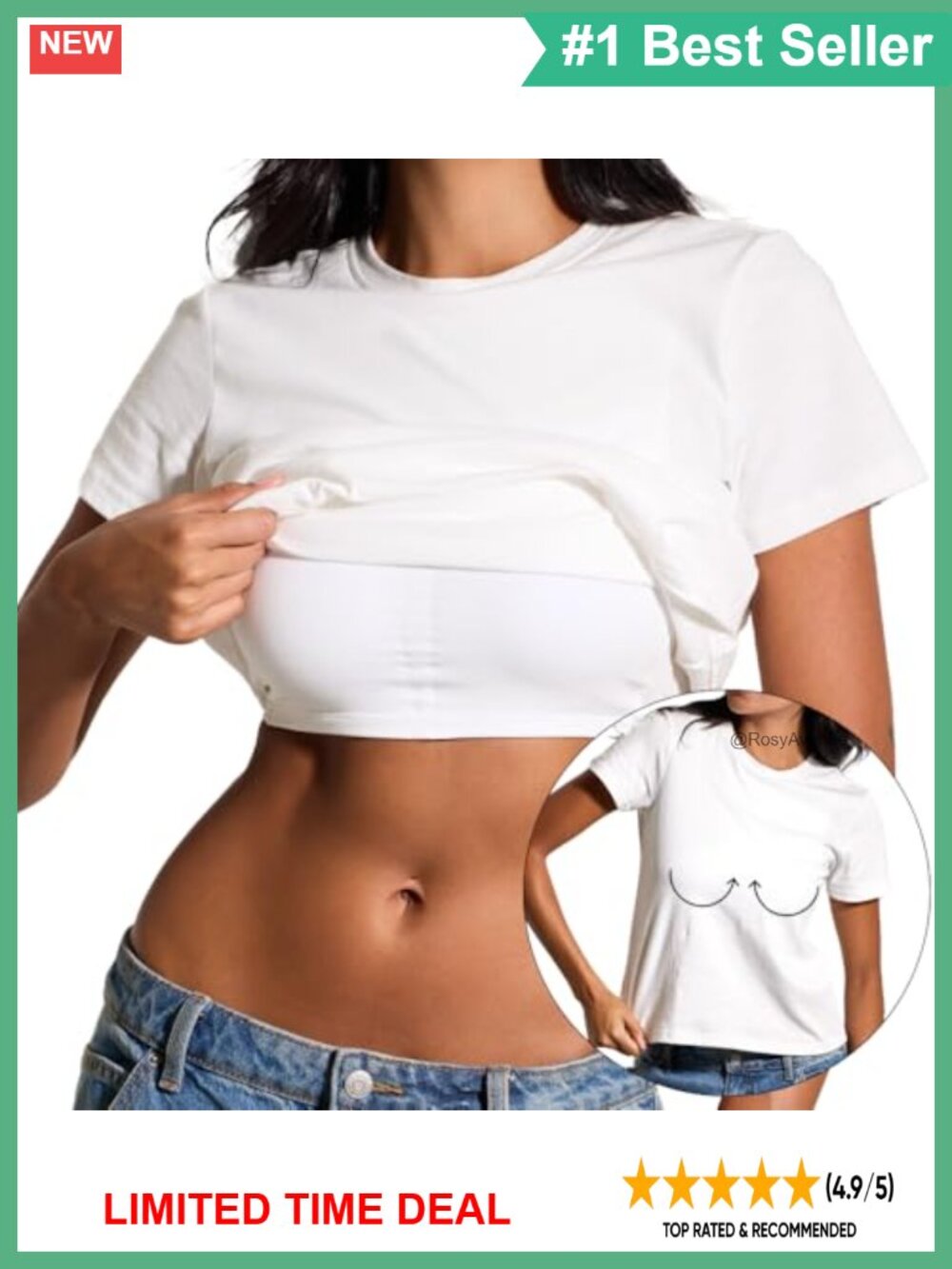 Cotton T-Shirt Brami Full Length Built-In Bra Removable Pads Crew Neck Cap